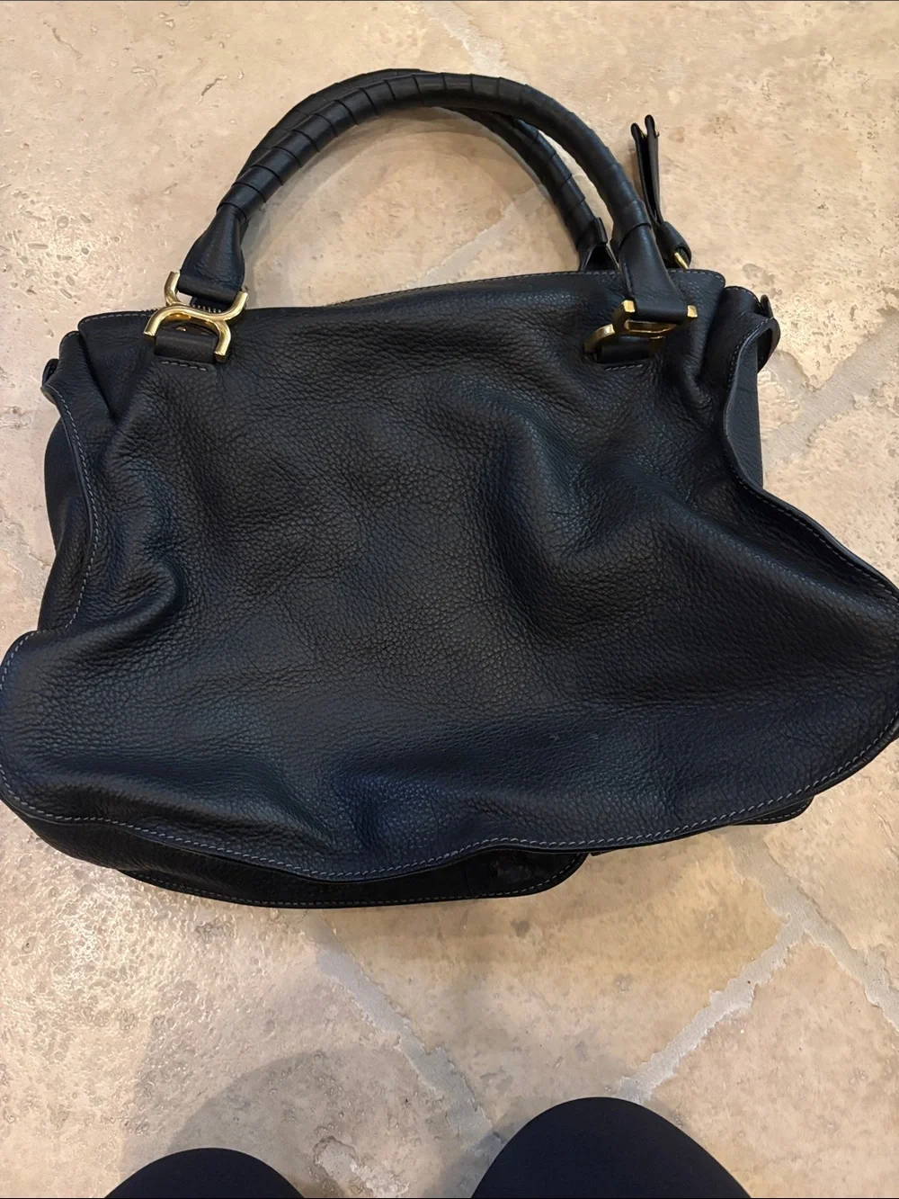 Chloe Black Pebbled Leather Marcie Satchel with Gold Hardware